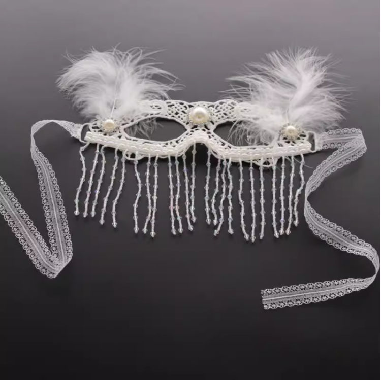 Elegant Masquerade Mask With White Feather and Pearl Accents